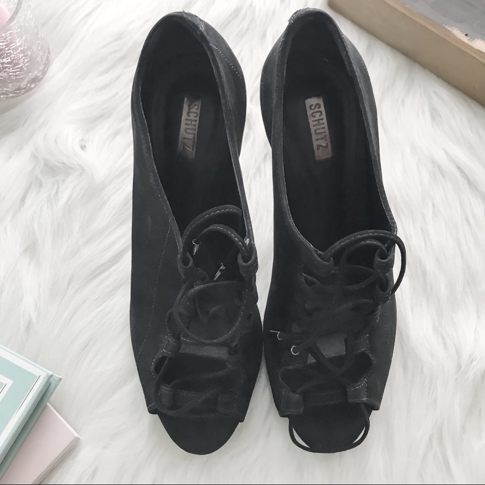 SCHUTZ Natalie Suede Lace Up Pump Black Bootie US7 - Picture 2 of 8